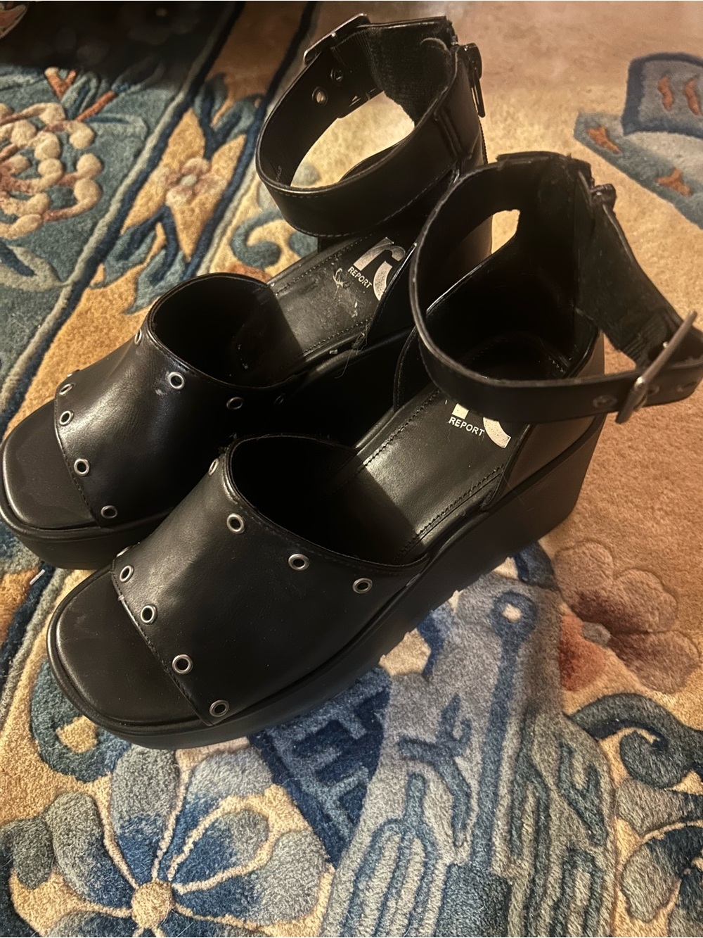 Report Grunge Black Leather Platform Ankle-Strap Sandals with Eyelet Detail